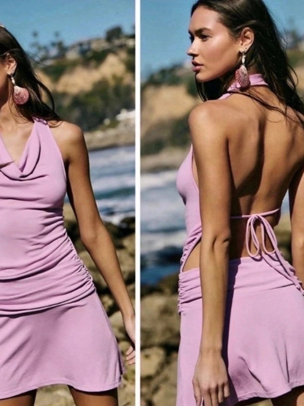 FP Beach Cowl Neck Ruched Mini Dress in Pink Size Small NWT